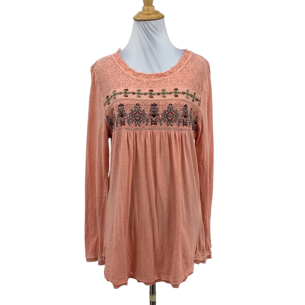 Sundance Top Womens M Medium Peach Cotton Embroidered Peasant Raw Trim Tunic